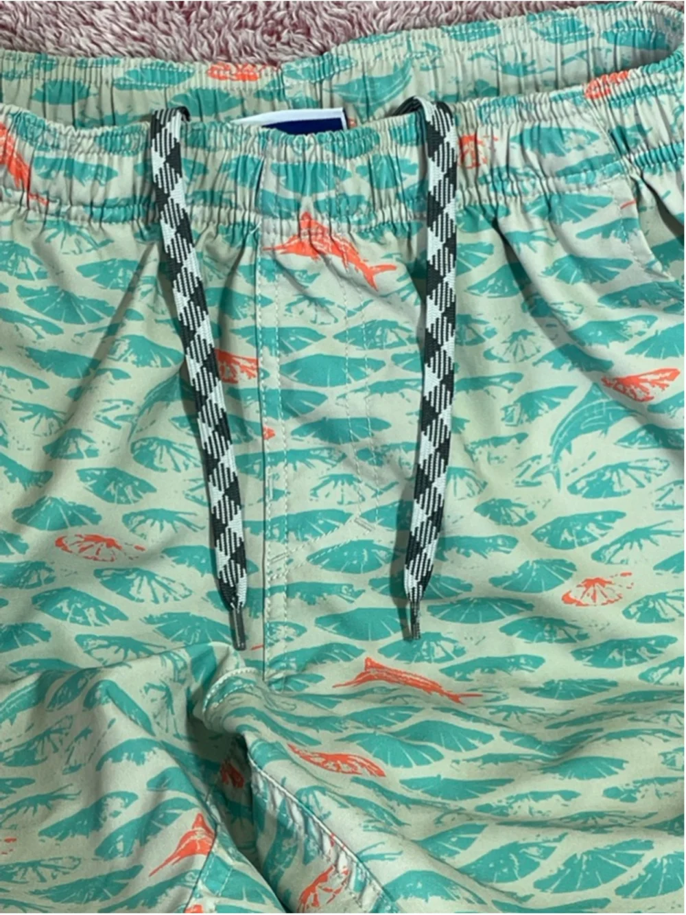 Men's AFTCO Swim Trunks S Beige Teal Fish Print